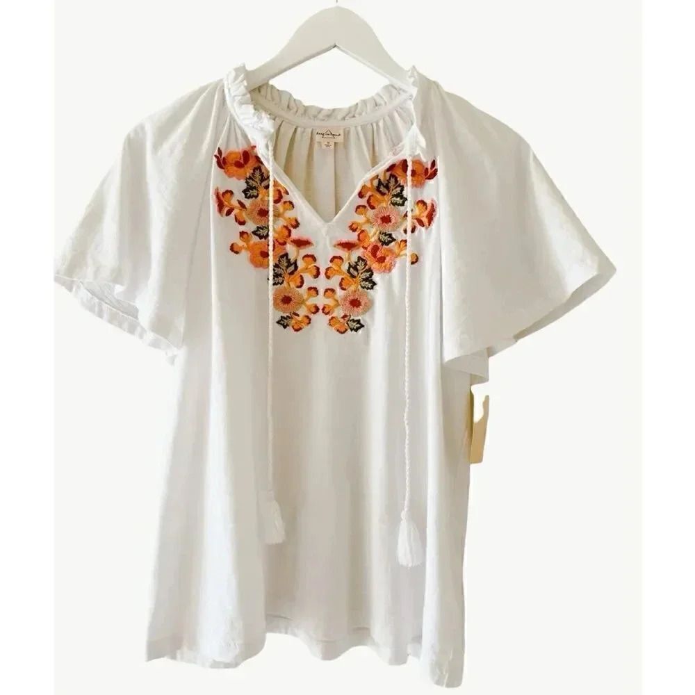Keep in Touch White Embroidered Boho Tassel Short Sleeves Women Top Sz S
